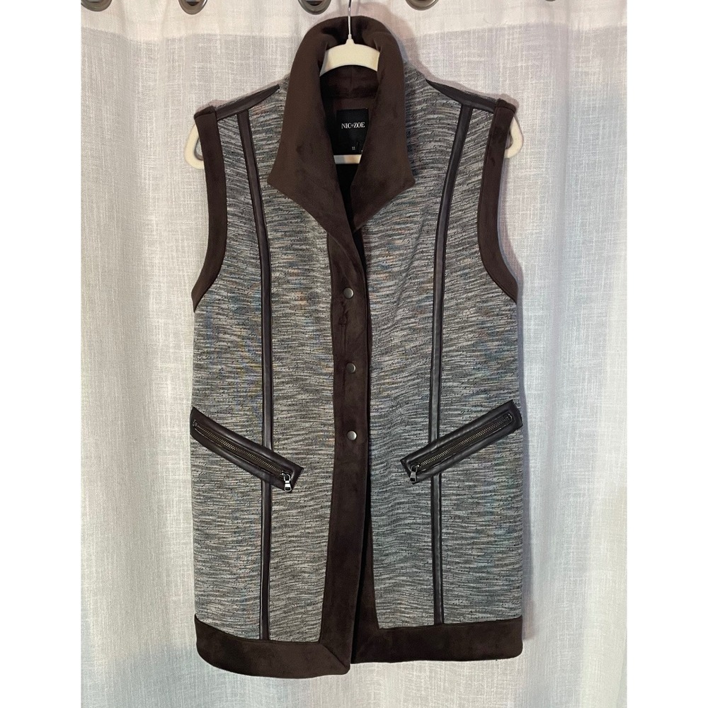 NIC+ZOE Womens Sleeveless Vest Brown‎ Trim Textured Pattern Size M